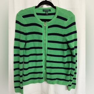 Lauren Ralph Lauren Green and Navy Striped full zip Cardigan sz M